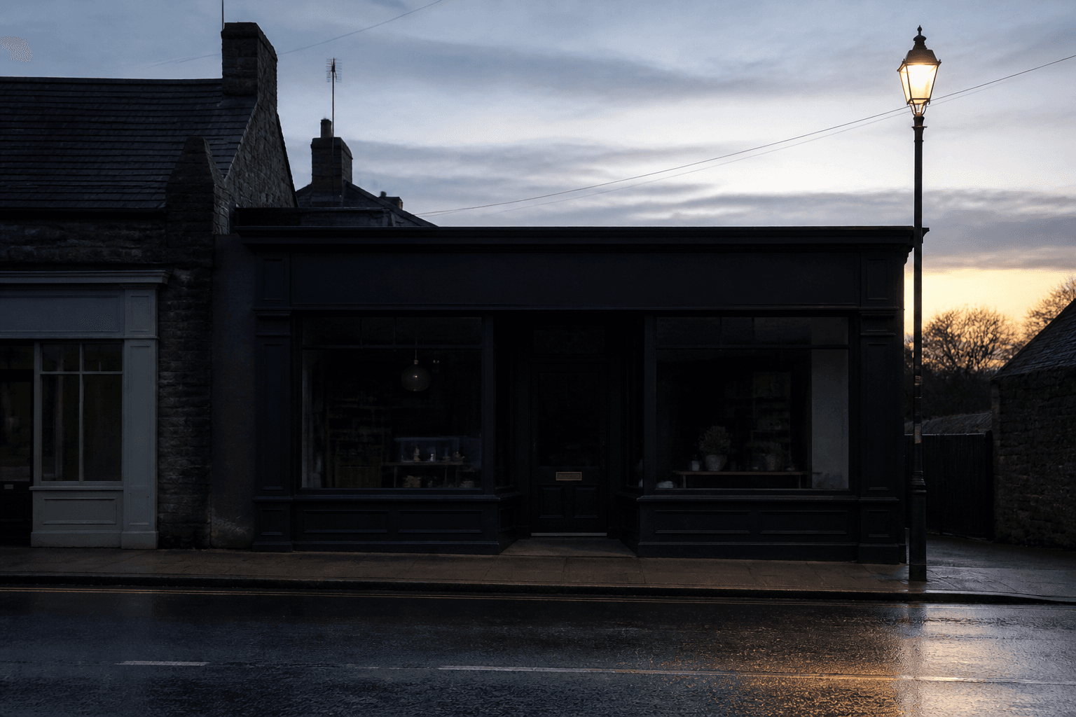 A dark country-town shopfront at dawn.
